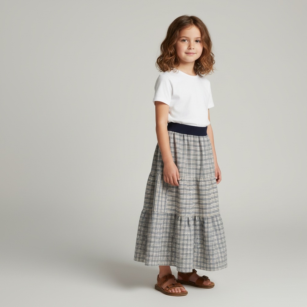 Skirt Girls 6/7 Maxi Cream Plaid Ruffle Tier 100% Cotton Mom and Pop's Kids‎